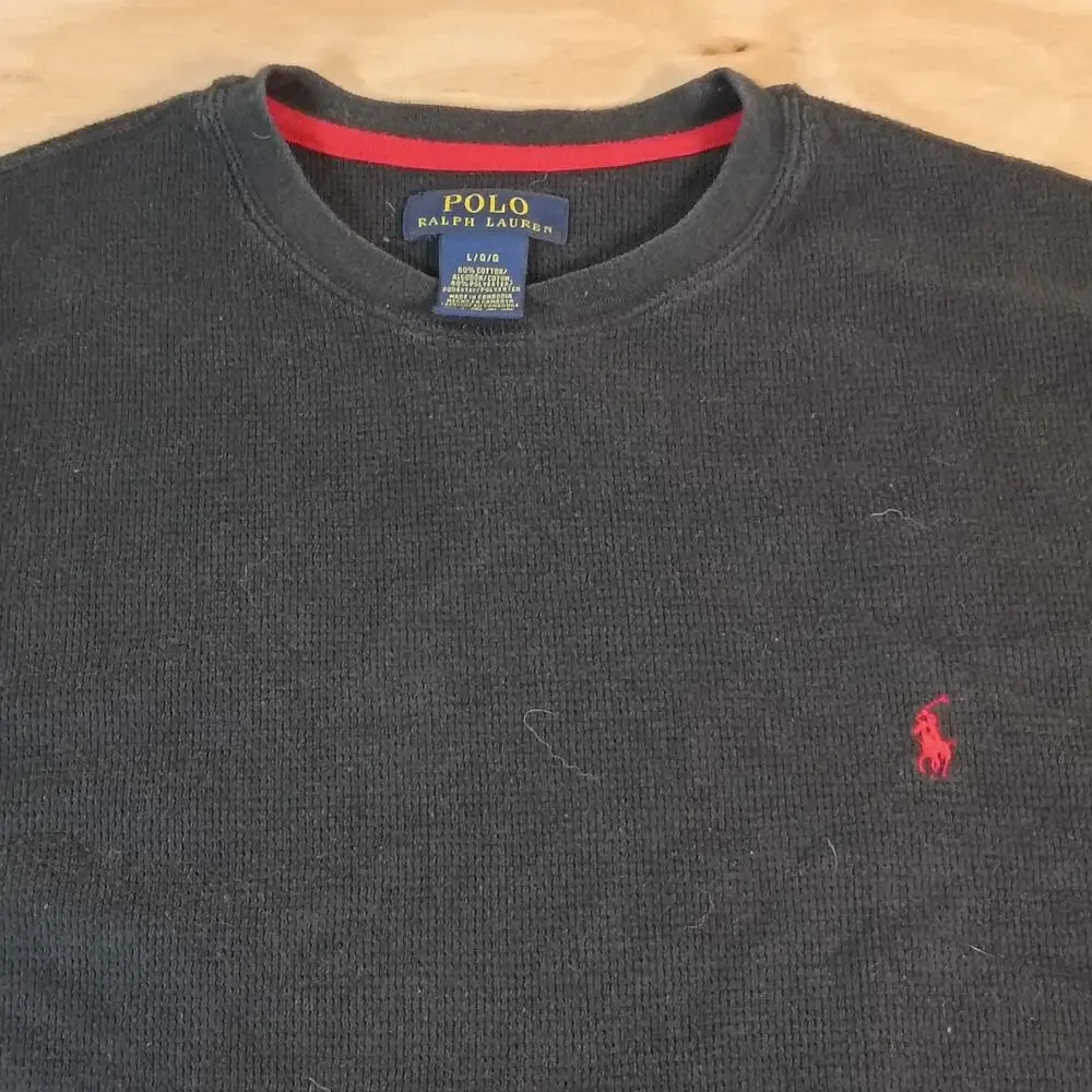 Polo Ralph Lauren Mens L Black Thermal Waffle Knit Long Sleeve Shirt Red Pony